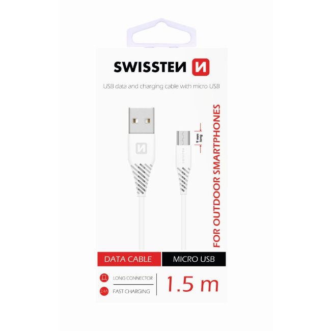 Adatkábel Swissten meghosszabbított Micro-USB konnektorral, ellenálló telefonhoz, fehér
