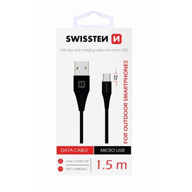 Adatkábel Swissten meghosszabbított Micro-USB konnektorral, ellenálló telefonhoz, fekete