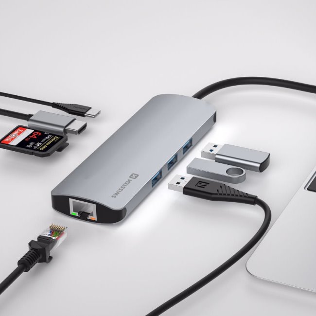 Alumínium USB-C HUB Swissten 8-in-1 (USB-C PD, HDMI, LAN, 3x USB 3.0, SD, MicroSD)