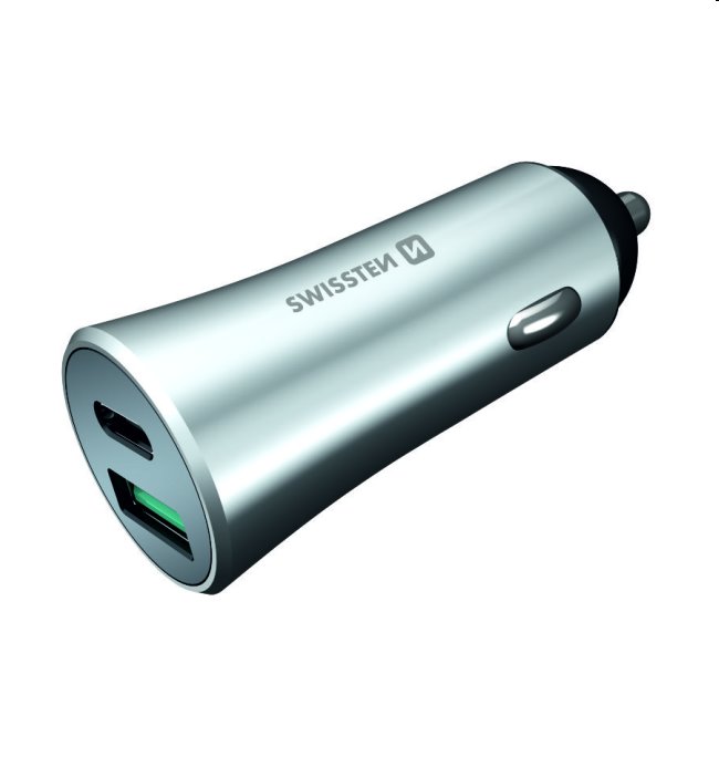 Autós töltő Swissten Power Delivery USB-C + Qualcomm 3.0 támogatással, 36W, matt ezüst