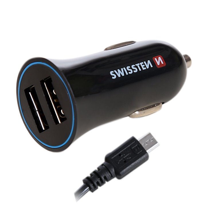 Autós töltő Swissten 2.4A  2x USB + kábel Micro USB