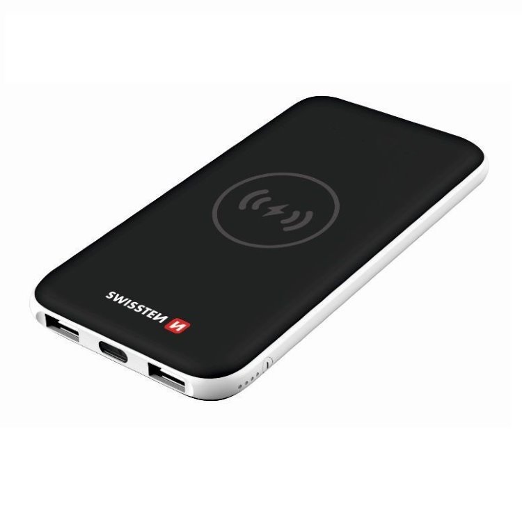 Powerbank Swissten Slim 8000 mAh vezeték nélküli töltéssel és USB-C bemenettel, fekete