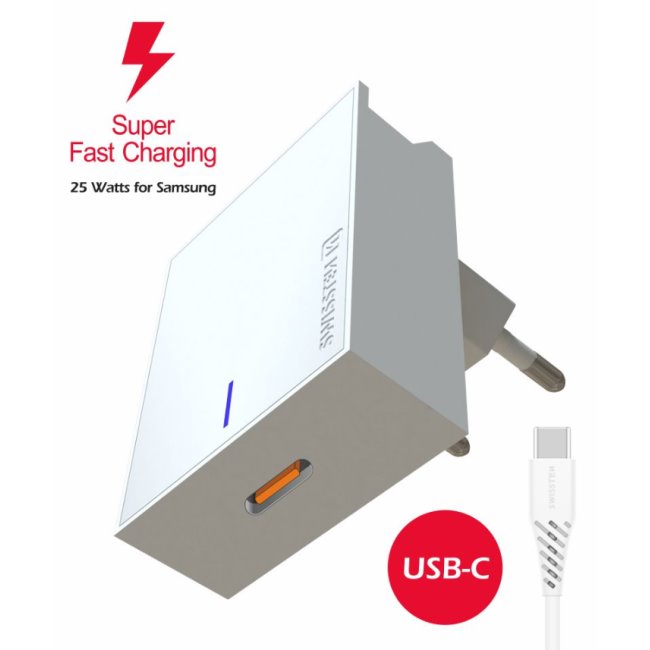 Gyorstöltő Swissten Samsung Super Fast Charging 25 W + kábel USB-C/USB-C 1,2 m, fehér